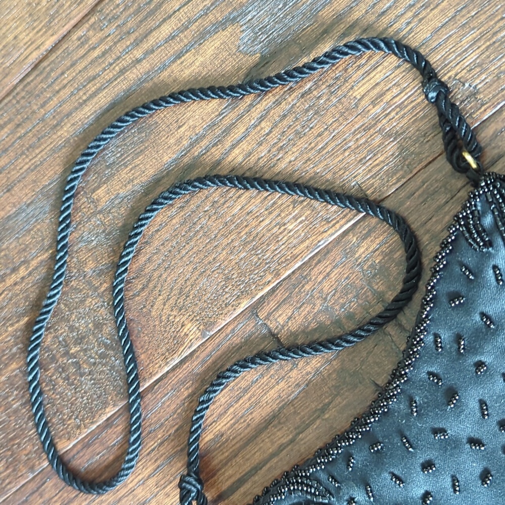 Vintage Formal Black Satin Hand Beaded Mini Purse Made in Hong Kong by Wolberg - Picture 5 of 15